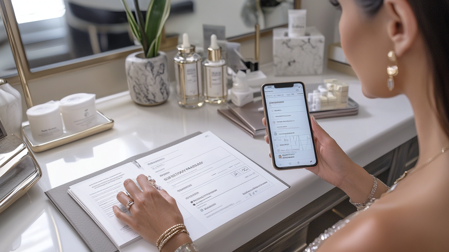 A luxury med spa reception desk featuring a tablet, a linen planner, and a gold pen, representing the choice between digital planning and agency management.