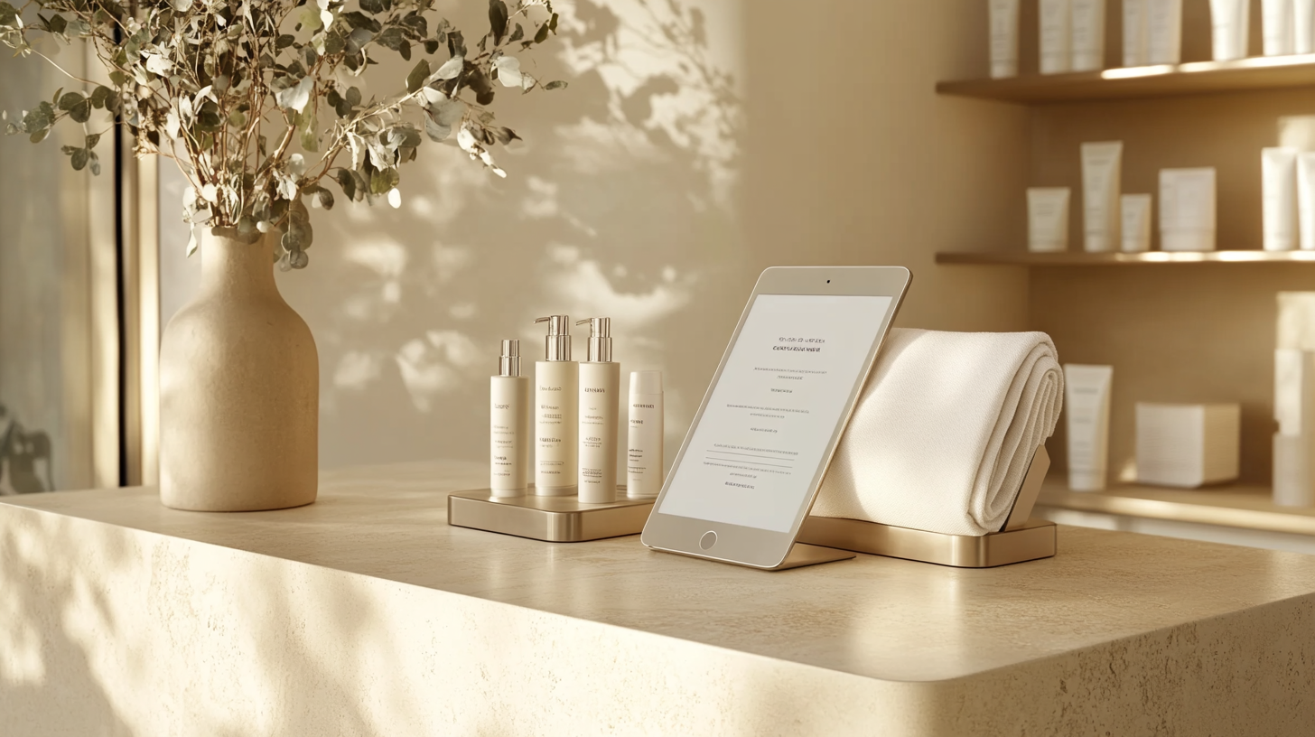 An elegant medical spa reception desk with a planner and skincare products, representing winter marketing planning.