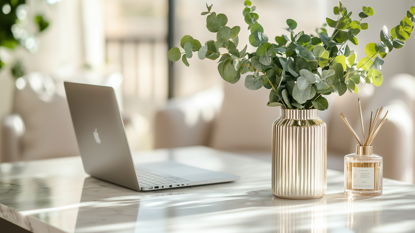 A laptop on a luxury marble desk, representing organized med spa social media content planning.