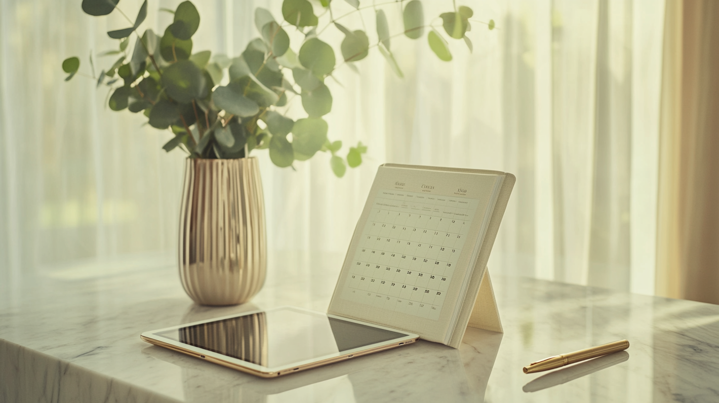 A luxury medical spa reception desk with a cream linen planner and a calendar on a tablet, illustrating how to plan a seasonal medical spa marketing calendar.